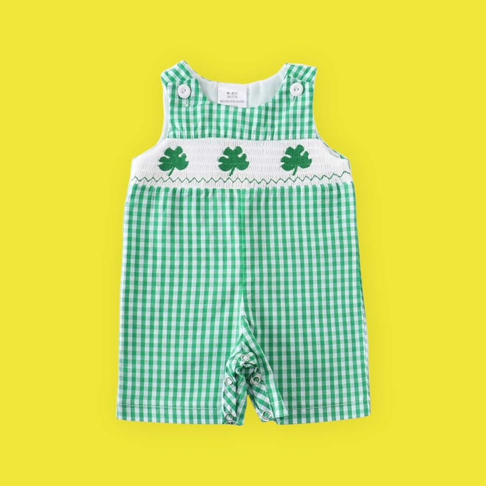 Boys Shamrock Smocked Vintage Romper / Overall St Patrick
